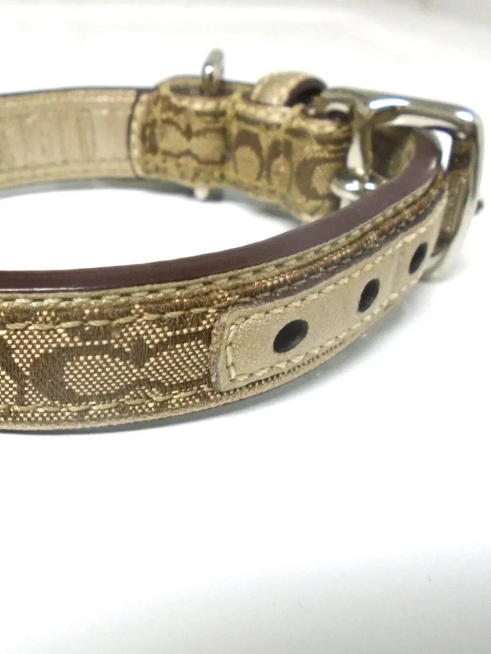 COACH GOLD LEATHER BROWN JACQUARD SIGNATURE C DOG PET COLLAR LEASH SET SIZE XS